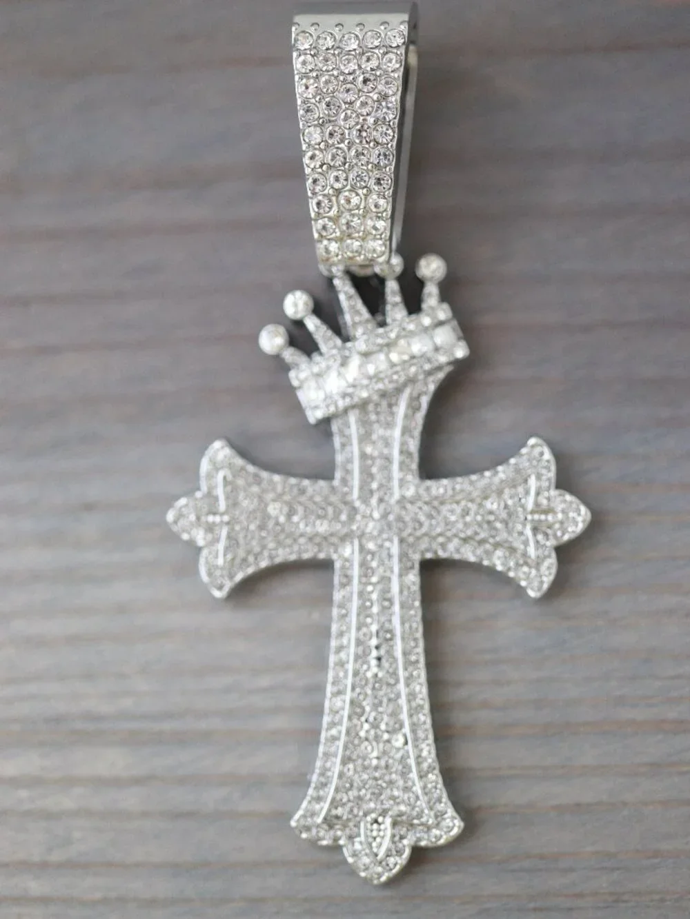 Cross with Crown Pendant with Rhinestones Ice Out Style Silver Plated
